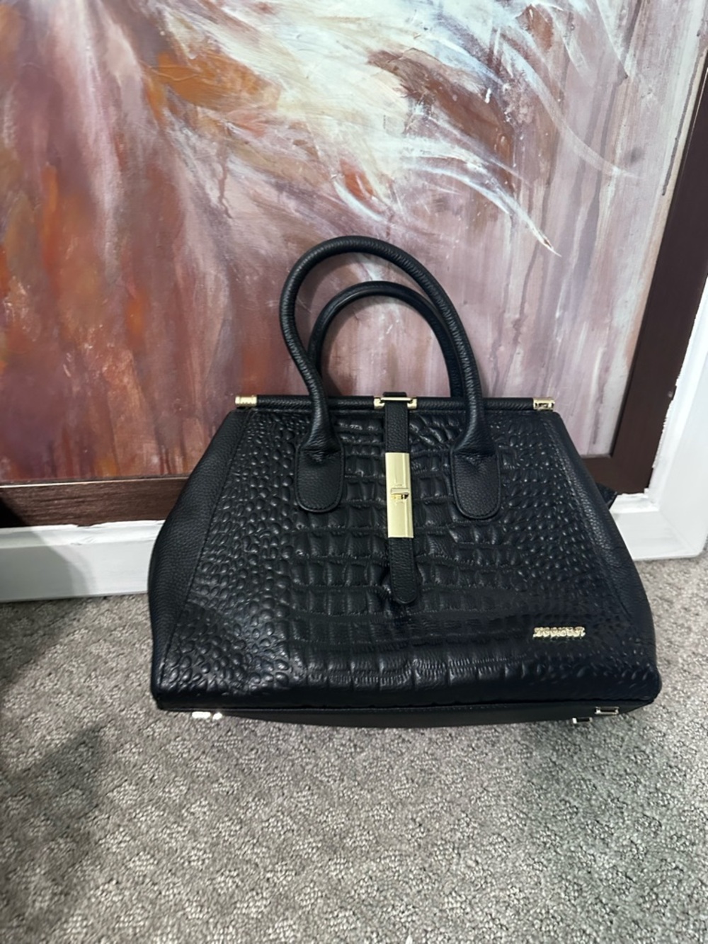Black Croc-Embossed Top-Handle Bag with Gold Hardware